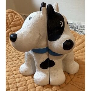 Vintage Chalkware Dog Bookends Black White Puppy Pair Folk Art Shelf Decor